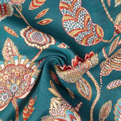 Tissu Jacquard d&#039;ameublement Bosphore végétal sur fond Bleu pétrole - Par 10 cm
