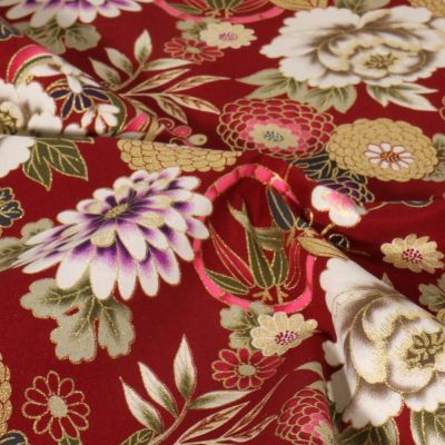 Tissu coton imprimé motifs floraux Japonais dorés sur fond Rouge - Par 10 cm