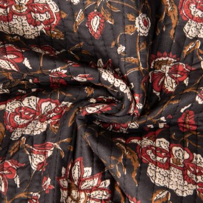 Tissu Coton Matelassé réversible Block print Indien Delhi sur fond Noir - Par 10 cm