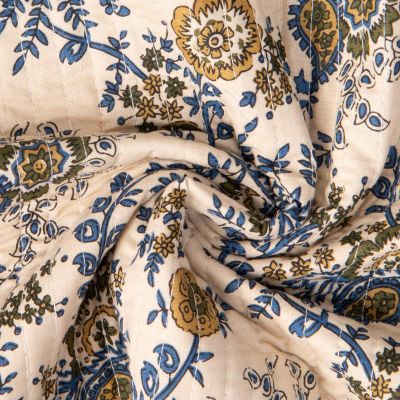 Tissu Coton Matelassé réversible Block print Indien Bombay sur fond Ecru - Par 10 cm