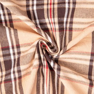 Tissu Toile de Coton Ecossais marron, blanc et rouge sur fond Beige - Par 10 cm