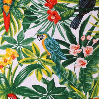 Coupon Tissu Toile de coton Grande Laize Exotique Multicolore sur fond Blanc - Coupon de 40 cm