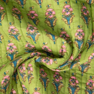 Tissu Coton Matelassé réversible Block print Indien Gange fleuris sur fond Vert - Par 10 cm