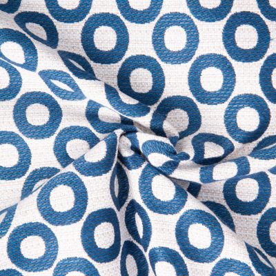 Tissu Jacquard d&#039;ameublement Opale ronds Bleu sur fond Naturel - Par 10 cm