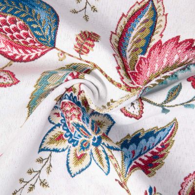 Tissu Jacquard d&#039;ameublement floral inspiration indienne sur fond Blanc - Par 10 cm