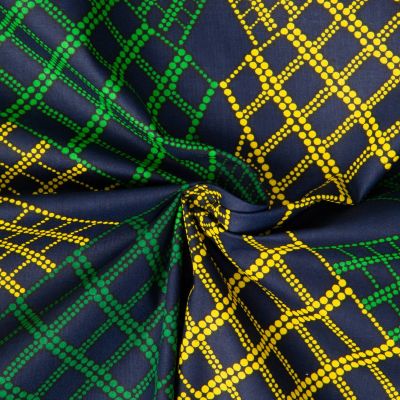 Tissu Wax africain n° 82101 Vert et jaune sur fond Bleu marine - Par 10 cm