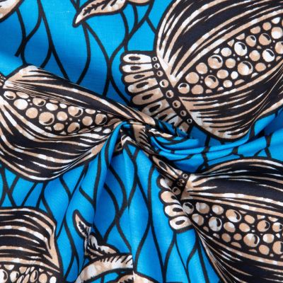 Tissu Wax africain n° 82106 fleurs de pavot sur fond Bleu turquoise - Par 10 cm