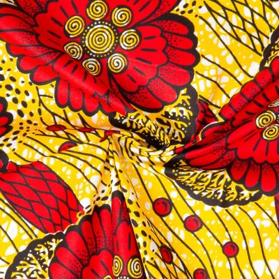 Tissu Wax africain n° 82109 grandes fleurs Rouges sur fond Jaune - Par 10 cm