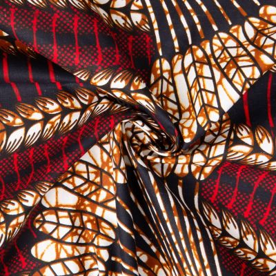 Tissu Wax africain n° 82111 éventails Rouge et Ocre sur fond Bleu nuit - Par 10 cm
