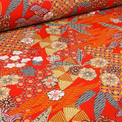 Tissu Viscose Arty Yin sur fond Rouge - Par 10 cm