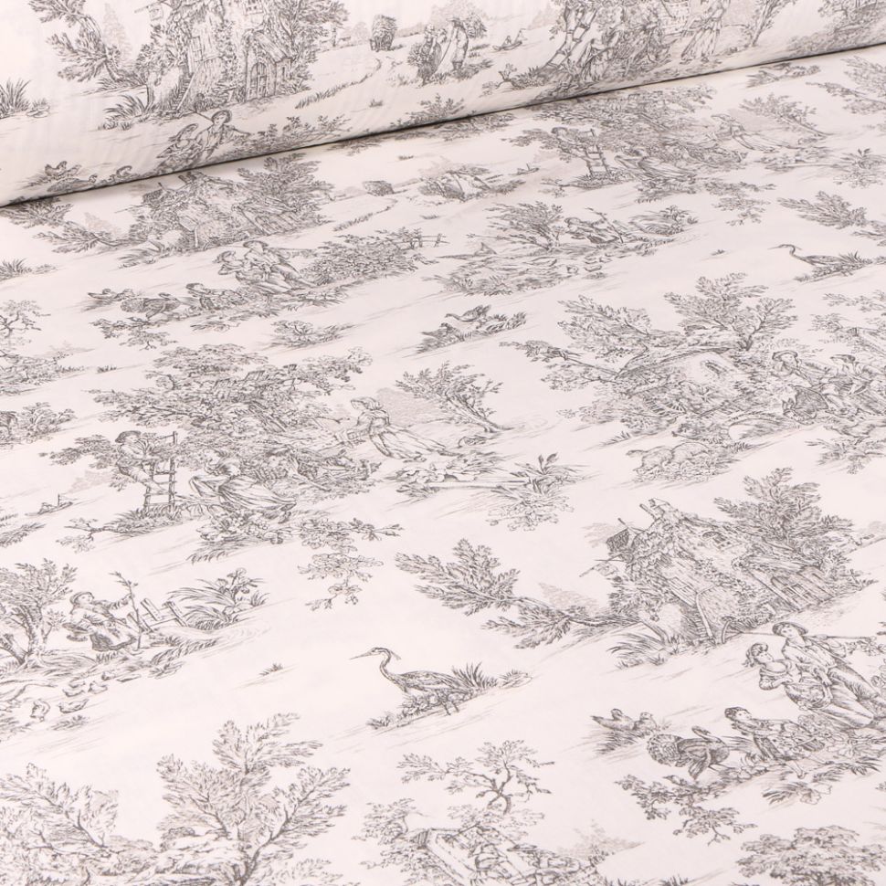 Coupon Tissu Coton imprimé grande largeur Jouy anthracite sur fond Blanc cassé - Coupon de 90 cm