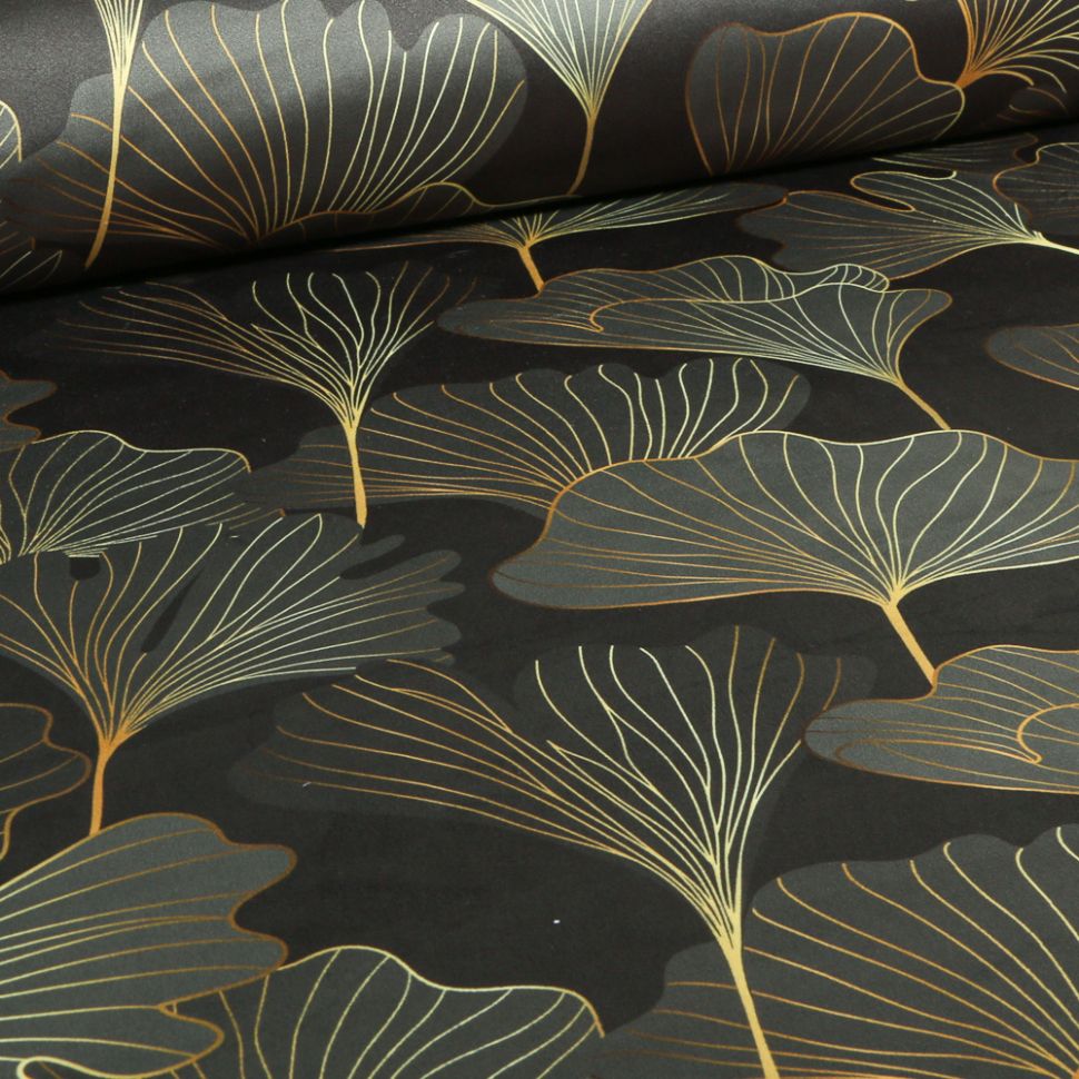 Coupon Tissus Velours ras épais tout doux Gingko Tiffany or sur fond Noir - Coupon de 60 cm