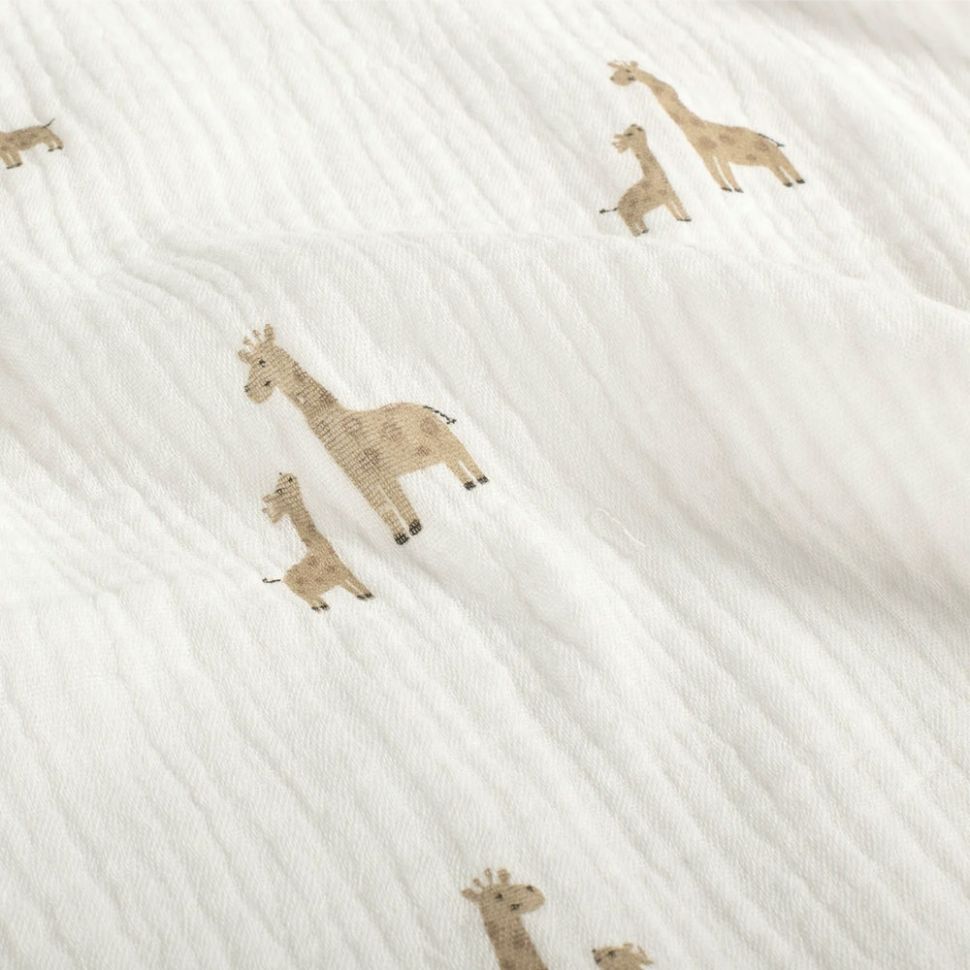 Coupon Tissu Double gaze de Coton Girafe beige sur fond Blanc cassé - Coupon de 90 cm