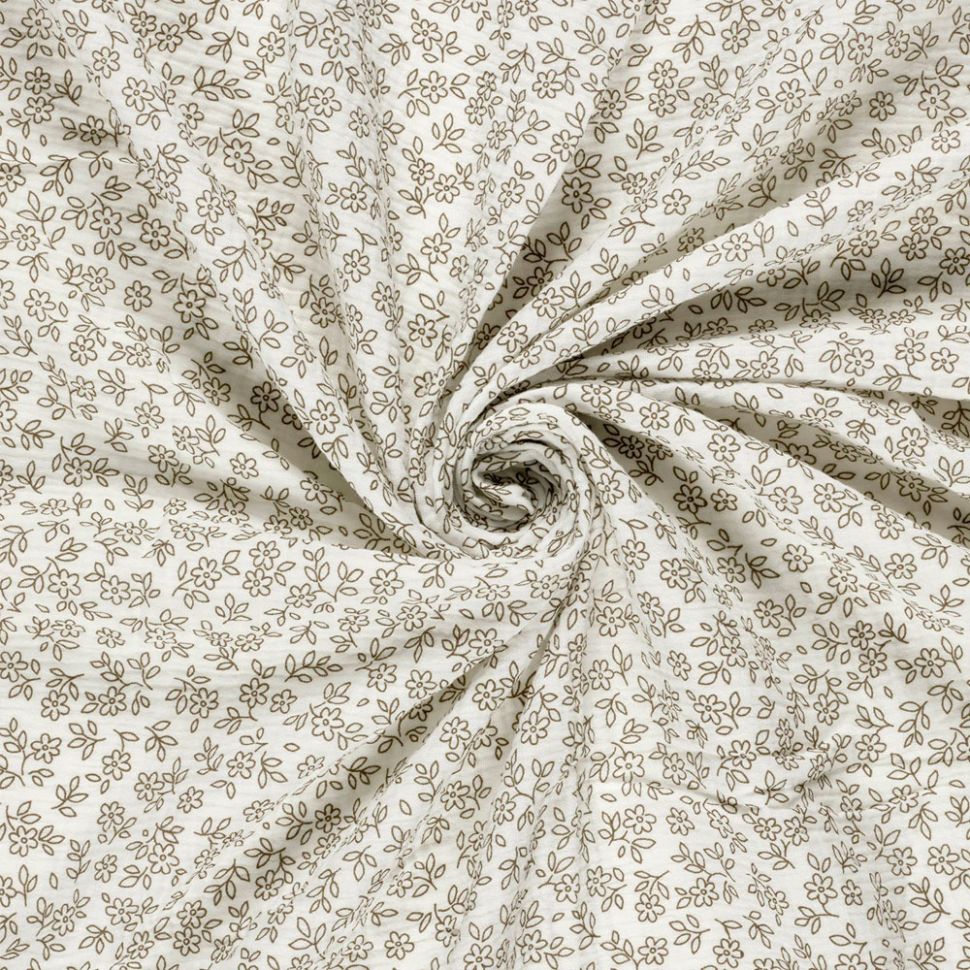 Coupon Tissu Double gaze de Coton Petites fleurs Lilou sur fond Ecru - Coupon de 50 cm