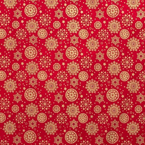 Coupon Tissu Coton imprimé Flocons  dorés sur fond Rouge - Coupon de 60 cm
