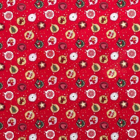 Coupon Tissu Coton imprimé Boules de noël sur fond Rouge - Coupon de 70 cm
