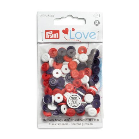 Boutons pression Prym Colors Snaps Mini Love 9mm Optique couture Rouge et bleu - Sachet 36