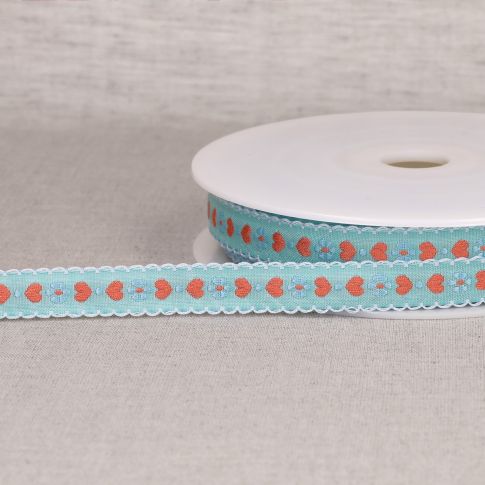 Ruban imprimé 15 mm coeurs sur fond Bleu clair x1m