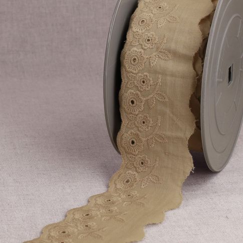 Ruban Broderie anglaise 50 mm bouquet fleurs  Beige x1m
