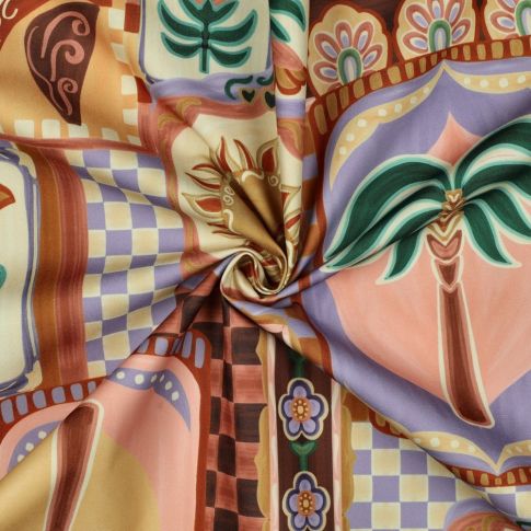 Tissu Déperlant impression digital Patchwork méditerranéen sur fond Lilas