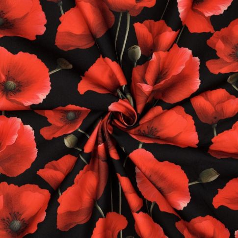 Tissu Déperlant impression digital Coquelicots rouges sur fond Noir