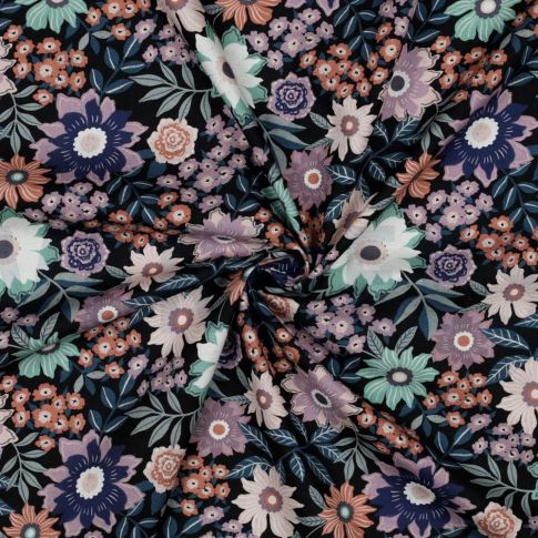 Tissu Popeline de Coton Poppy tissage fin fleurs Lio sur fond Noir