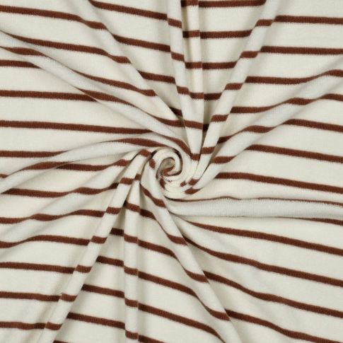 Tissu Jersey Velours Eponge fil teint rayé Terracotta sur fond Ecru