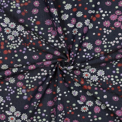 Tissu Chambray Coton Fleuris Lyséa sur fond Bleu marine