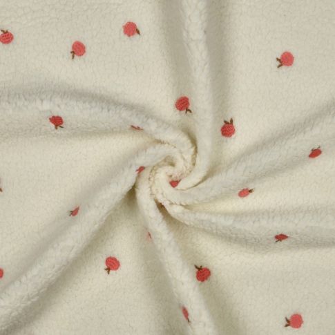 Tissu Bouclette Teddy Pêches brodées sur fond Blanc cassé