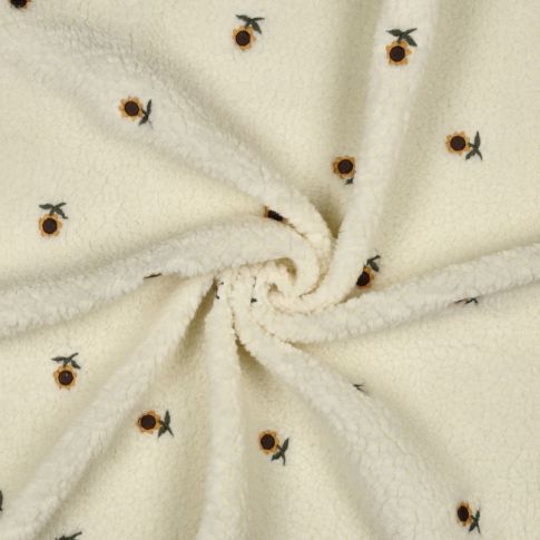 Tissu Bouclette Teddy Tournesols brodés sur fond Blanc cassé