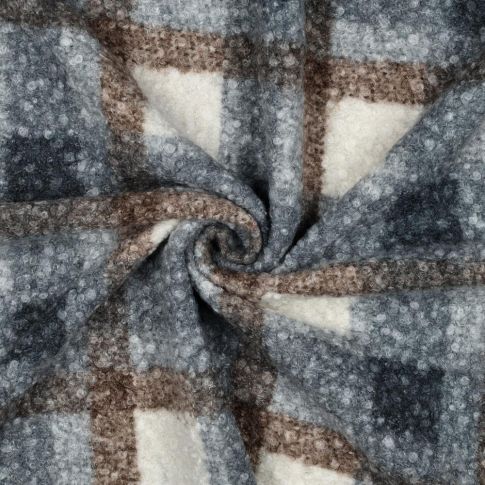 Tissu Bouclette Carreaux tartan Brun et Blanc sur fond Bleu ancien