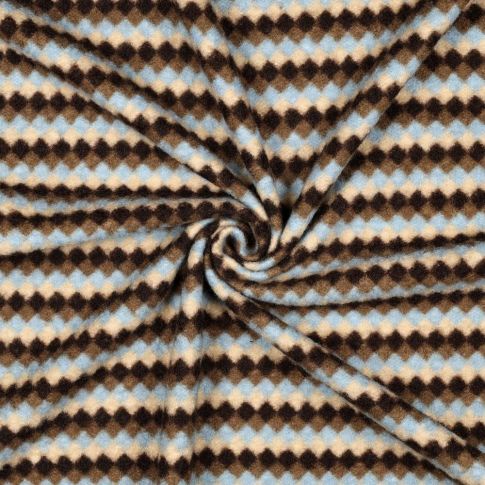 Tissu Lainage Rayé carreaux bleu, noir et marron sur fond Ecru
