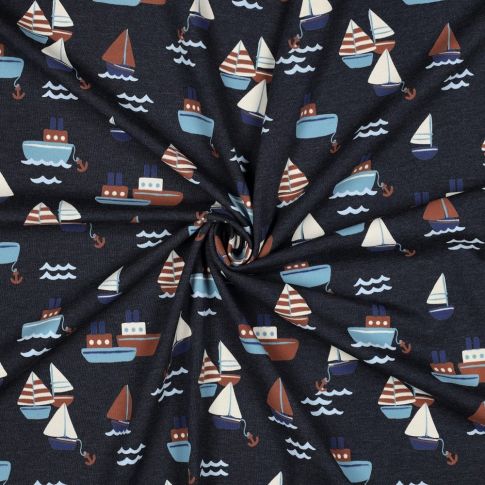 Tissu Jersey Coton mélangé Nolan petits bateaux sur fond Bleu marine