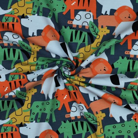 Tissu Sweat léger envers gratté Noé animaux savane sur fond Bleu marine