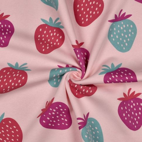 Tissu Sweat envers polaire Jade fraises multicolores sur fond Rose