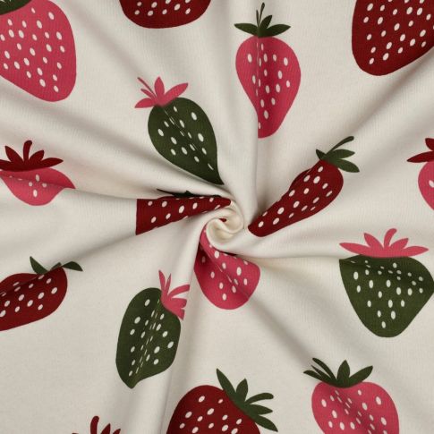 Tissu Sweat envers polaire Jade fraises multicolores sur fond Ecru