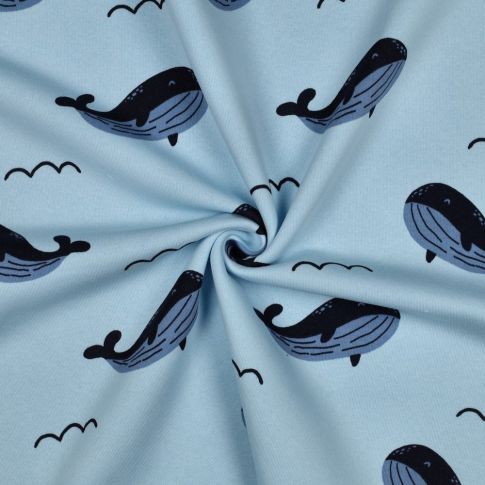 Tissu Sweat envers polaire Timéo baleines sur fond Bleu ciel