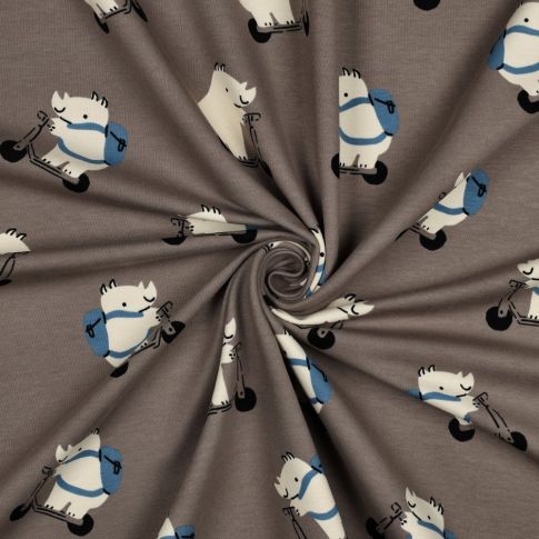 Tissu Sweat léger envers molletonné Yanis funny rhino sur fond Taupe