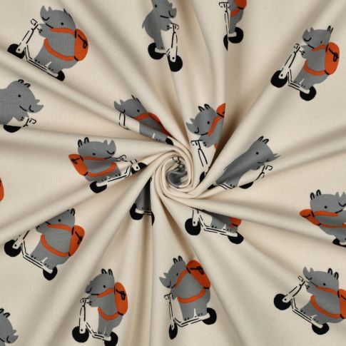 Tissu Sweat léger envers molletonné Yanis funny rhino sur fond Naturel