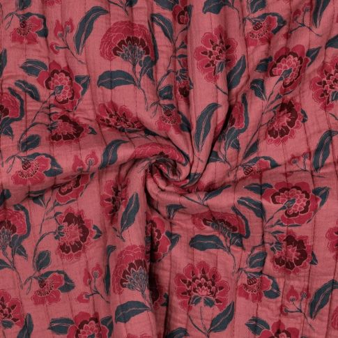 Coupon Tissu Double gaze de Coton Matelassé Elea fleurs Mauve réversible sur fond Vieux rose - Coupon de 150 cm