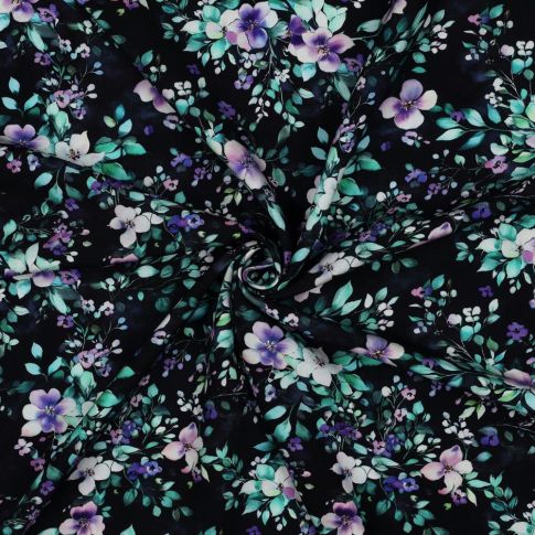 Tissu Viscose imprimé digital Louisa petits fleurs sur fond Noir