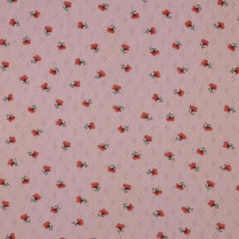 Tissu Jersey Coton ajouré Petites roses rouges sur fond Rose - Coupon de 100 cm