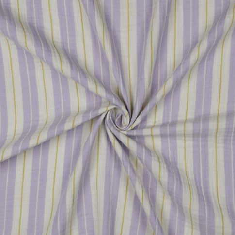Tissu Double gaze de Coton Rayures Lilas et Moutarde sur fond Blanc cassé
