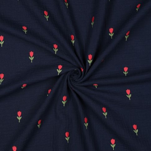 Tissu Double gaze de Coton Tulipe Rouge brodé sur fond Noir
