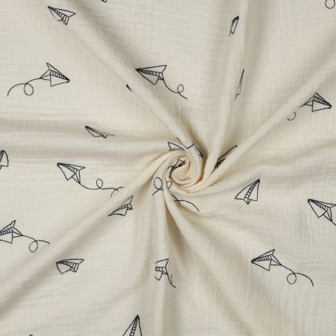 Tissu Double gaze de Coton Avions en papier brodé sur fond Ecru