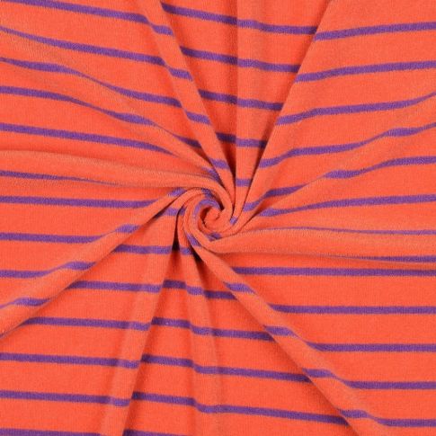 Tissu Jersey Eponge Rayures violettes sur fond Orange