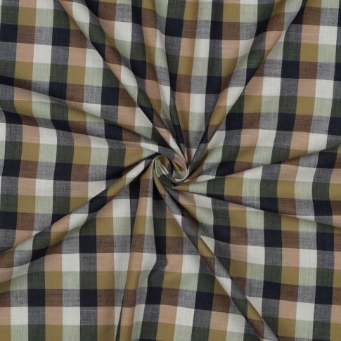 Tissu Voile de Coton fil teint imprimé carreaux sur fond Ecru