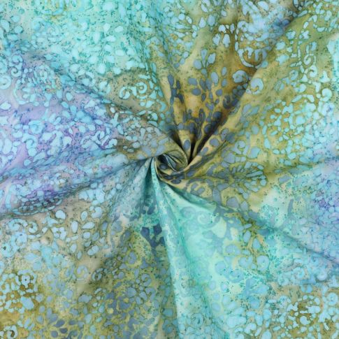 Tissu Batik de Viscose Motifs Organiques sur fond Vert olive