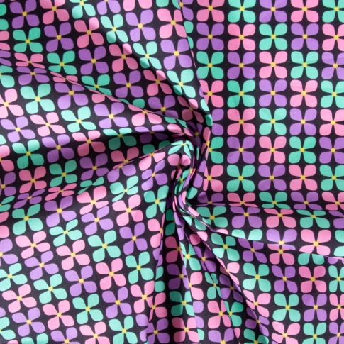 Coupon Tissu Coton enduit Poppy Fleur menthe et mauve sur fond Noir - Coupon de 300 cm