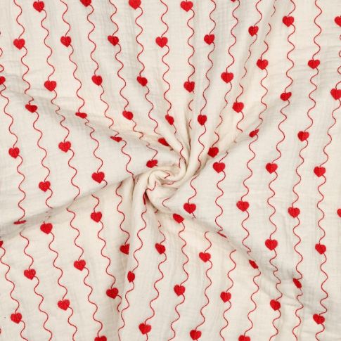 Tissu Double gaze de Coton Matelassé Kaya coeurs brodés Rouge sur fond Ecru